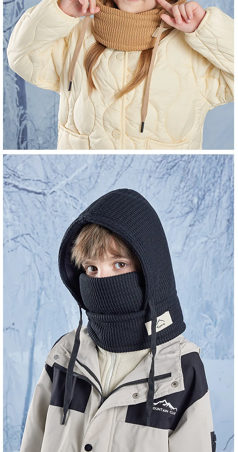 Winter Kind Sturmhaube Hut Junge Mädchen Fleece-gefütterte Bonnets Winddichte Maske Gestrickte Mützen Mütze Schal Set Kinder Mit Kapuze Warme Mütze 4-10Y – Detail 15