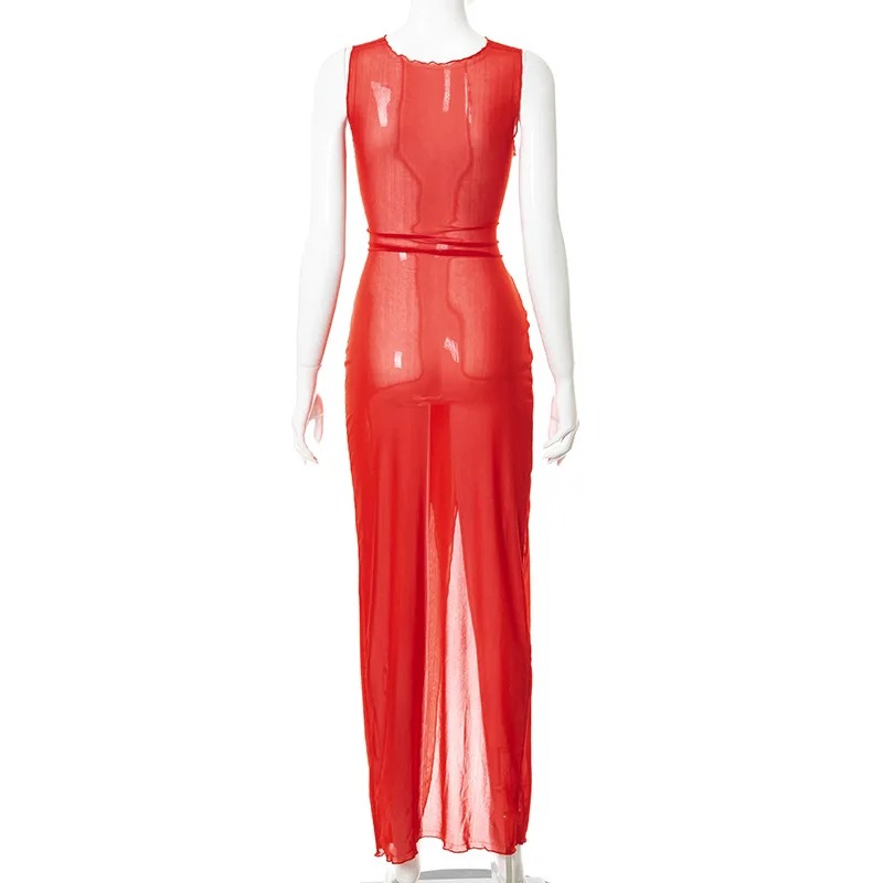 Vestidos ajustados sexis para fiesta y club para mujer, ropa de verano 2025, vestido de malla con cordones y corte liso, ropa de calle femenina