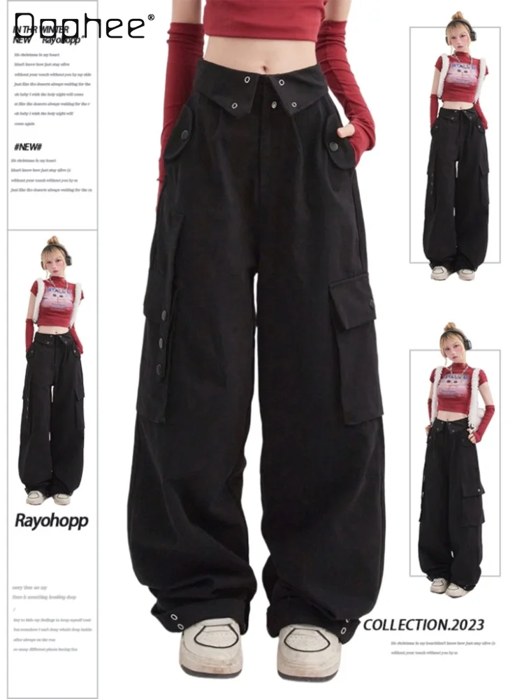 Japanese Style Overalls Black Pants Femininas 2023 Spring New Casual Boyfriend Women's Multi-Pocket Breasted Straight Trousers large size spring maternity women jeans denim jumpsuits casual rompers adjusted bib pants pregnant overalls belly trousers