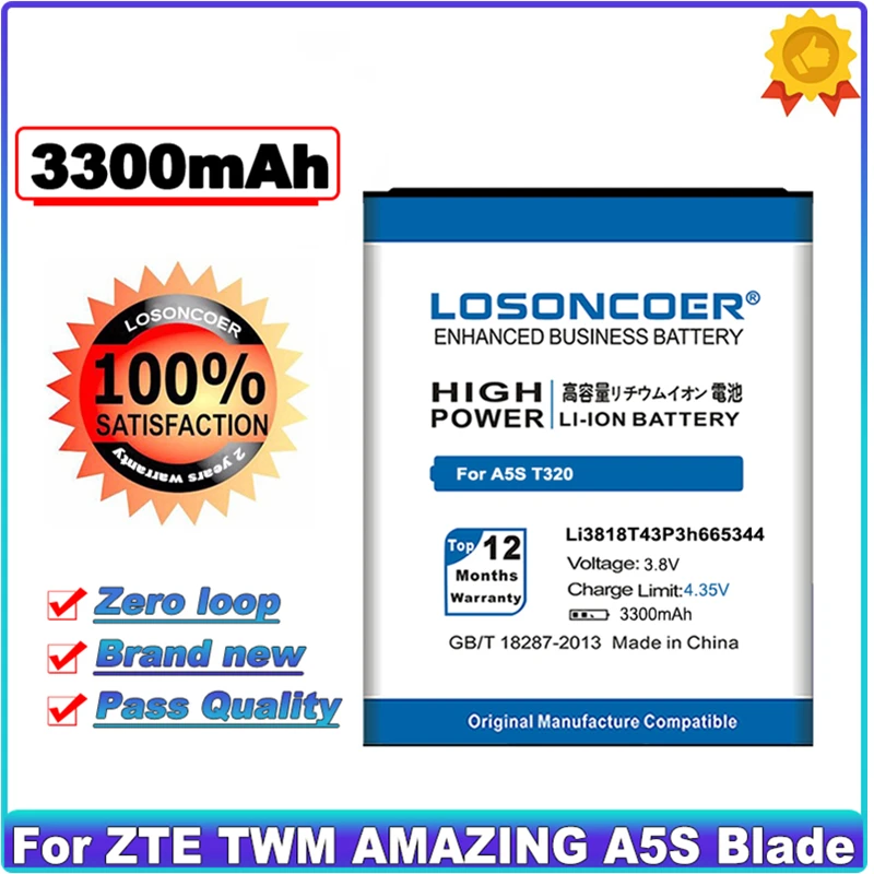 

LOSONCOER 3300mAh High Quality Brand Li3818T43P3h665344 Battery for ZTE TWM AMAZING A5S Blade GF3 T320 Blade Q Pro Battery
