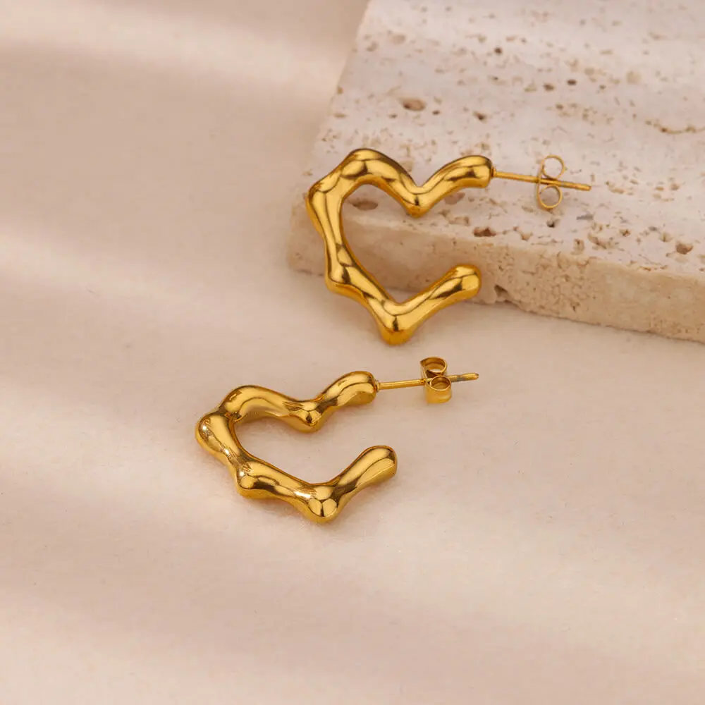 Irregular Heart Stud Earrings Gold Color Stainless Steel