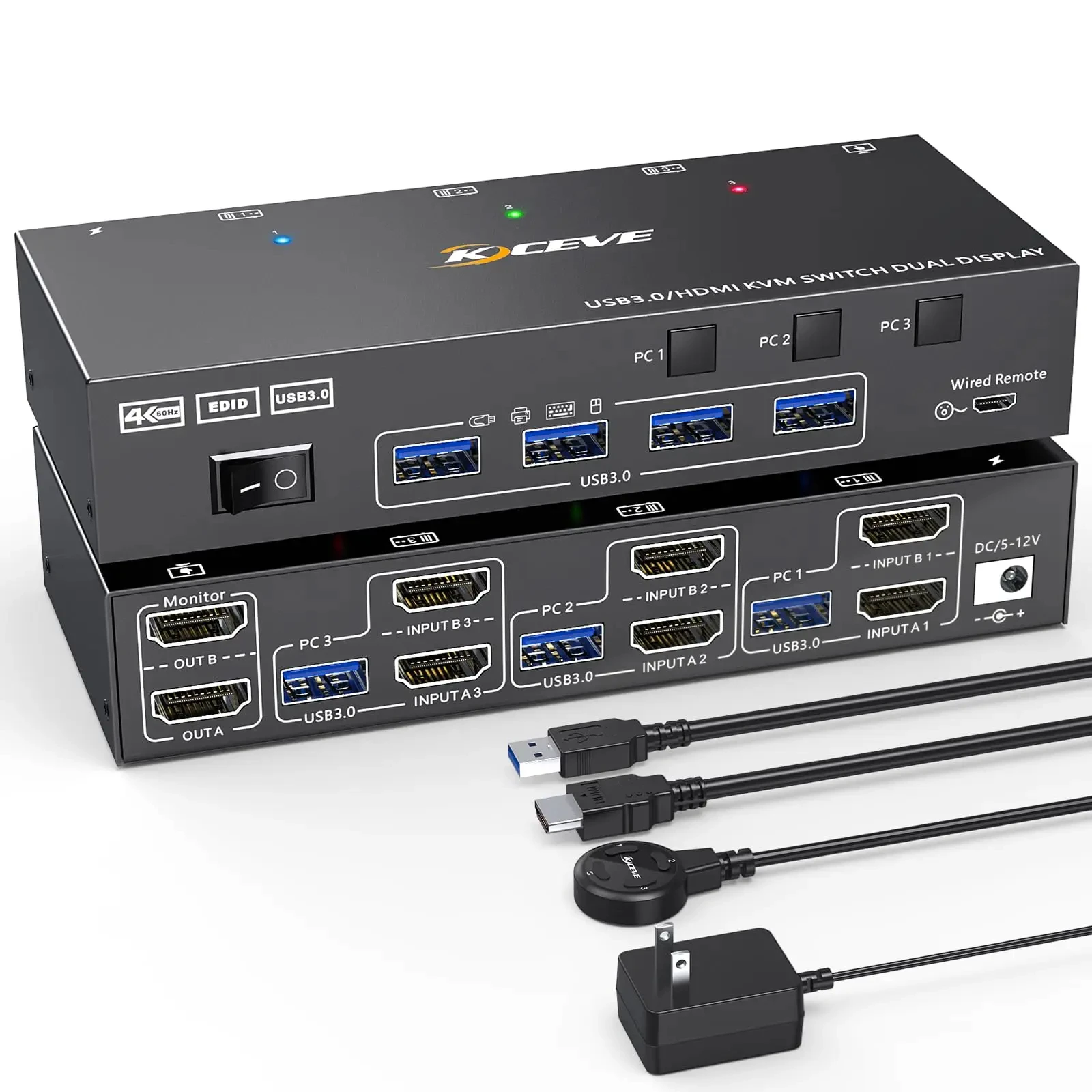 

USB 3.0 Dual Monitor KVM Switch ,HDMI KVM Switch 2 Monitors 3 Computers, EDID Emulator,4K@60Hz 2K@144Hz with 4 USB 3.0 Ports