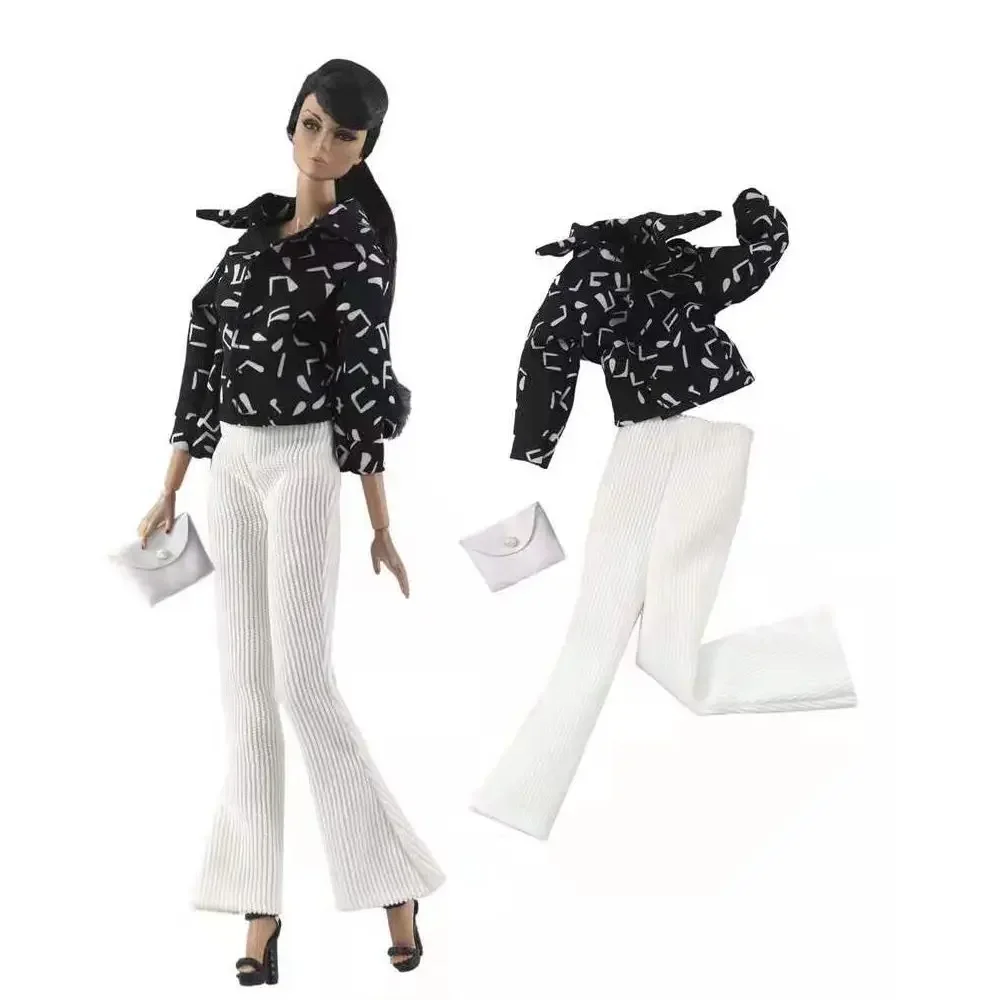 1/6 BJD Clothes Classic Black Shirt Top White Pants Trousers Bag Office Lady Work Wear Doll Outfits Set For Barbie Accessory Toy kpop women fashion crocodile texture waist belt pin buckle jeans pant trousers waistband casual pu leather waist strap accessory