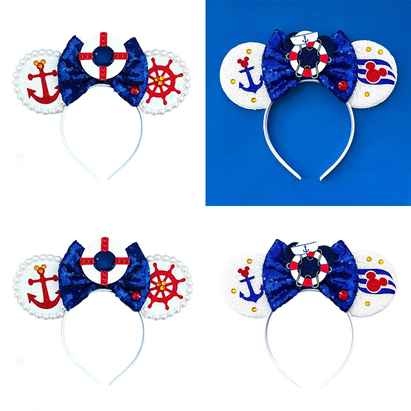 Disney Nautical Mickey Hair Band For Women Disneyland Minnie Hair Band Kid Sequins Bow Hairbands Baby Rudder Headwear Party Gift