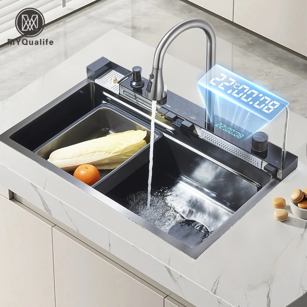 Évier de cuisine cascade en acier inoxydable 304, grand fente unique, ensemble de robinets à affichage numérique intégré, distributeur de savon, lave-tasse
