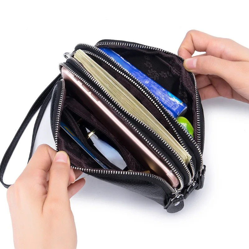 Genuine Leather Long Purse Ladies Can Hand Hold Bag Large Capacity Simple Three Zipper Middle Wrist Grab Bag Wholesale