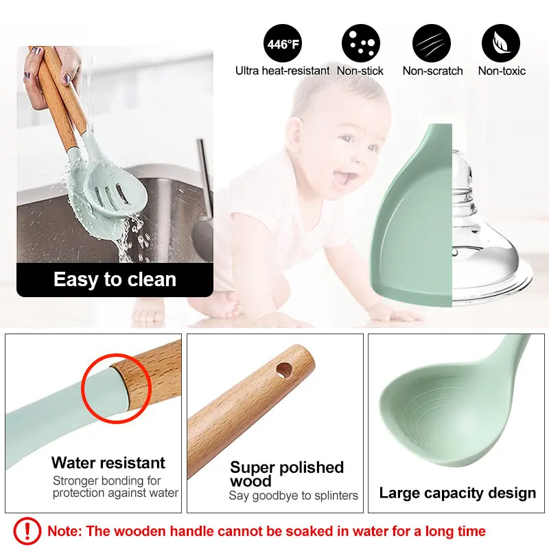 Silicone Kitchen Utensils Set Non-Stick Cookware Wooden Handle Spatula Egg Beaters Kitchenware Accessories