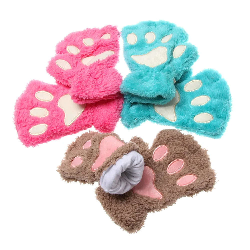 Children Gloves 1Pair Lovely Cat Paw Children Gloves Fluffy Warm Plush Gloves Girl Fashion Fingerless Mittens Winter Warm Accessories