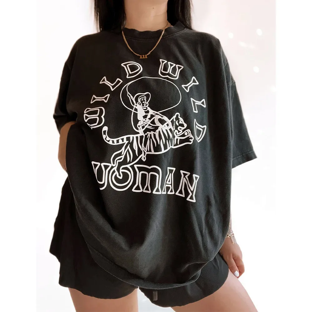 

Wild Wild Women Printing American Vintage Style Female Cotton T Shirts Summer Short Sleeve Loose Tops Tees Feminist Shirts