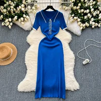 REALEFT 2024 New Summer Women's Polo Knitted Dresses Colorblock Elegant Short Sleeve Buttons Bodycon Wrap Dress Female - Image 4