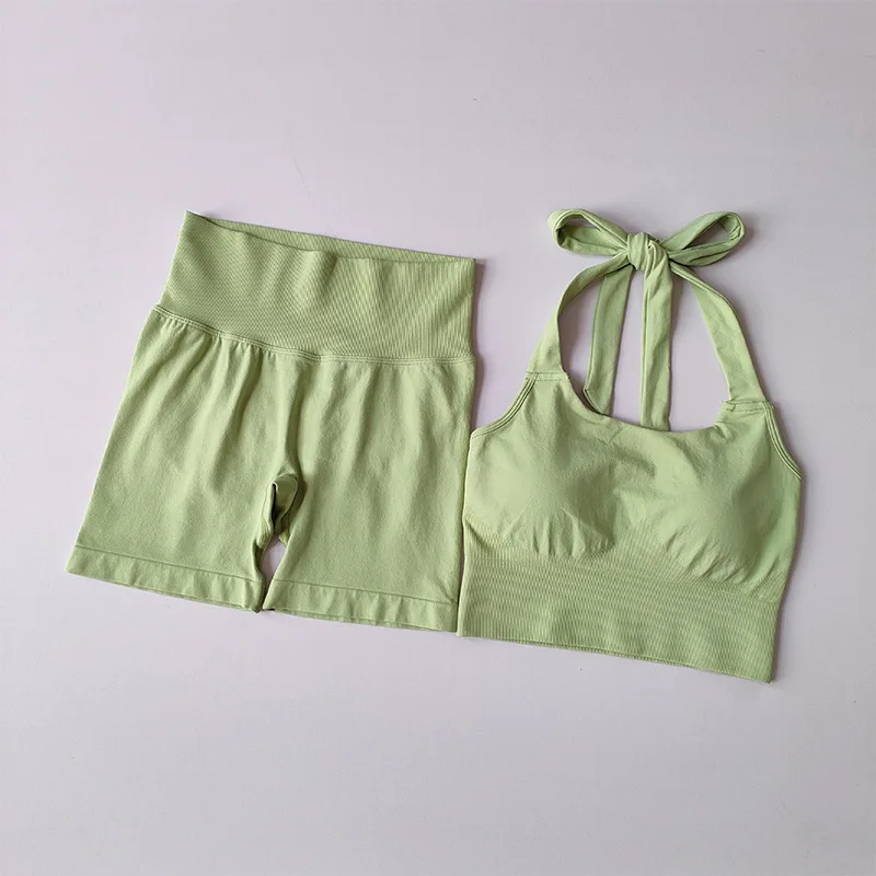 Women's Seamless Yoga Wear Set Tape Strap Backless Top High Waist Scrunched Short Pants Active Set