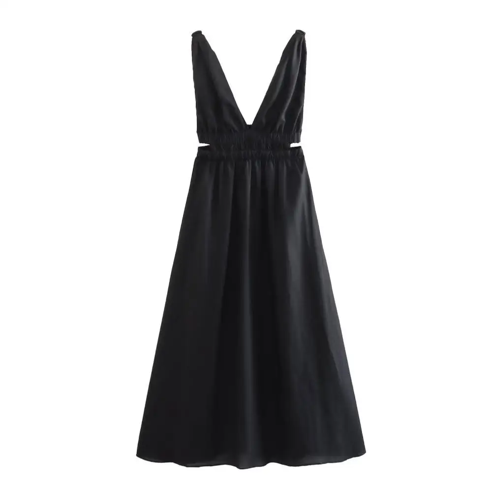 

Women Sexy Sleeveless V Neck Dress Black High Waist Backless Side Waist Cutout Mini Dress 2024 Summer Ruffle Hem Swing Skirt