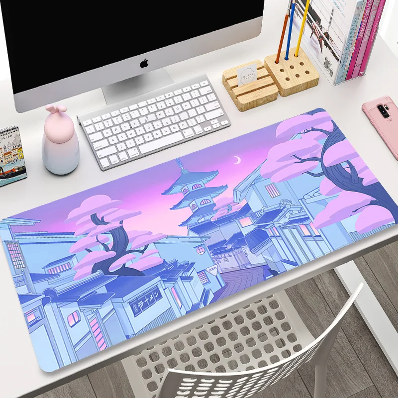 Alfombrilla de ratón grande de Anime rosa para Gamer, alfombrilla de ratón Kawaii XXL para juegos, alfombrilla de goma para ratón Otaku Borde de bloqueo, alfombrilla de escritorio para ordenador portá