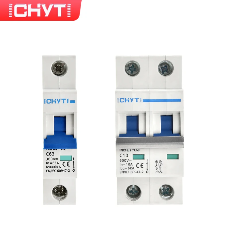 

CHYT Free Shipping NBL7-63 DC MCB 1P 2P 300V 600V 1000V 63A 6kA Solar PV C Curve Switch Mini Circuit breaker