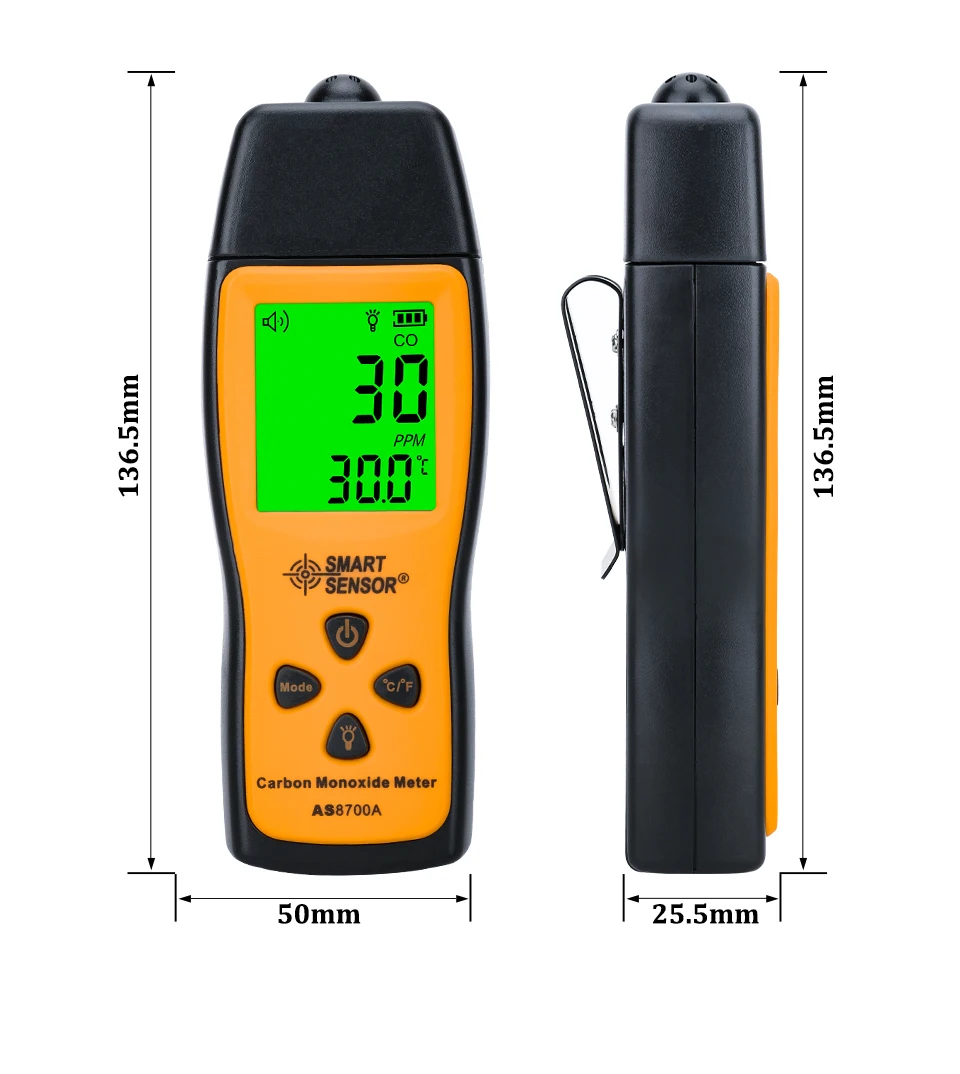 AS8700A Handheld Carbon Monoxide Detector 1000ppm CO Meter LCD Sound and Light A