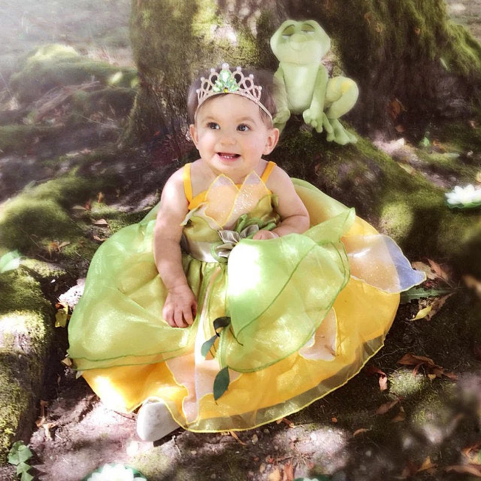 Girls Tiana Princess Frog Cosplay Dress Luxury Flower Applique
