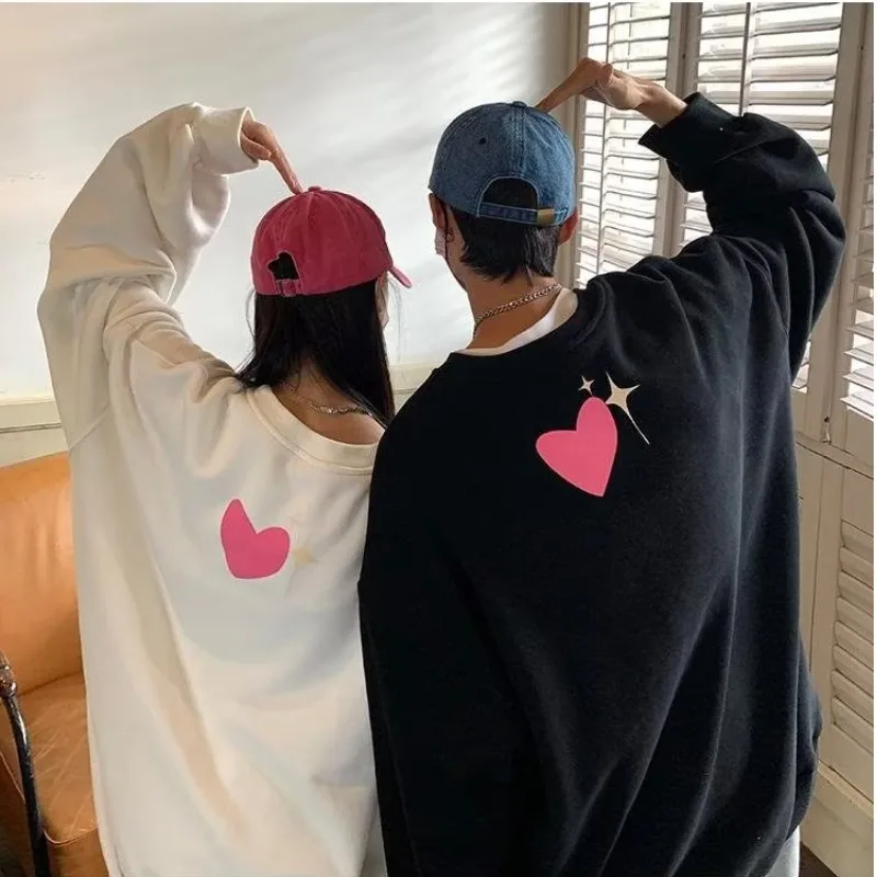 

Hoodie for Couple Pullover Sweater Harajuku Casual Oversized Wide-sleeved Sweatershirt Sweater for Men Thick Print hearts Pink