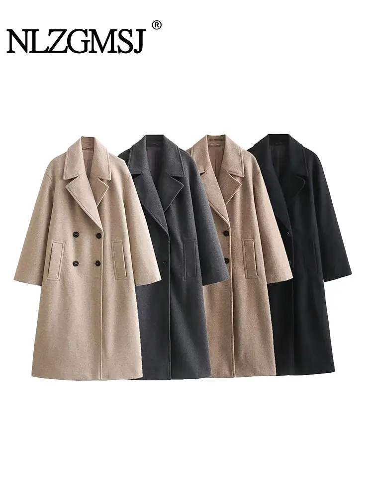 

Nlzgmsj TRAF 2023 Women Woolen Coat Soft Fitting Long Coats Fashion Vintage Long Sleeve Autumn Winter Jacket Loose Overcoat Warm