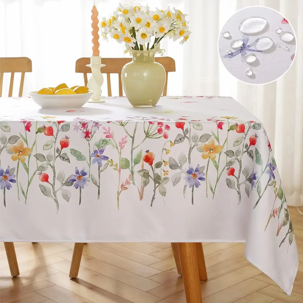 Spring Cherry Watercolor Flower Waterproof Tablecloth Wedding Party Decor Summer Plants Rectangle Table Cloth Dining Table Decor 2