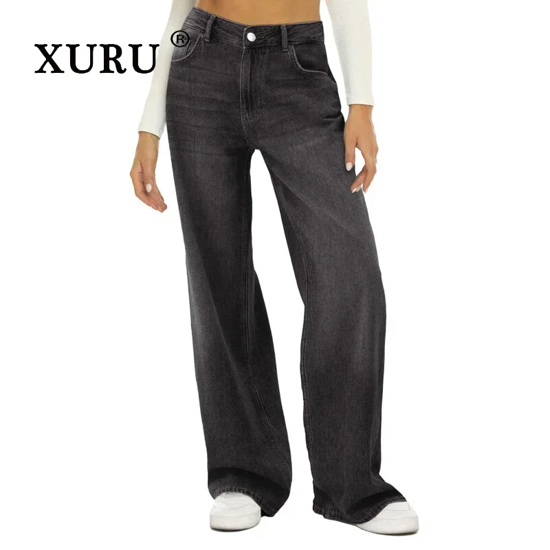 XURU - European and American New Solid Color Casual Versatile Jeans Women's Wear, Cat Beard Monkey Loose Wide Leg Jeans K8-3241