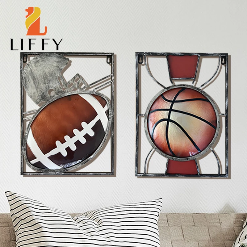 Room Decor Metal Sports Wall Art Football Basketball Themed Glass ...