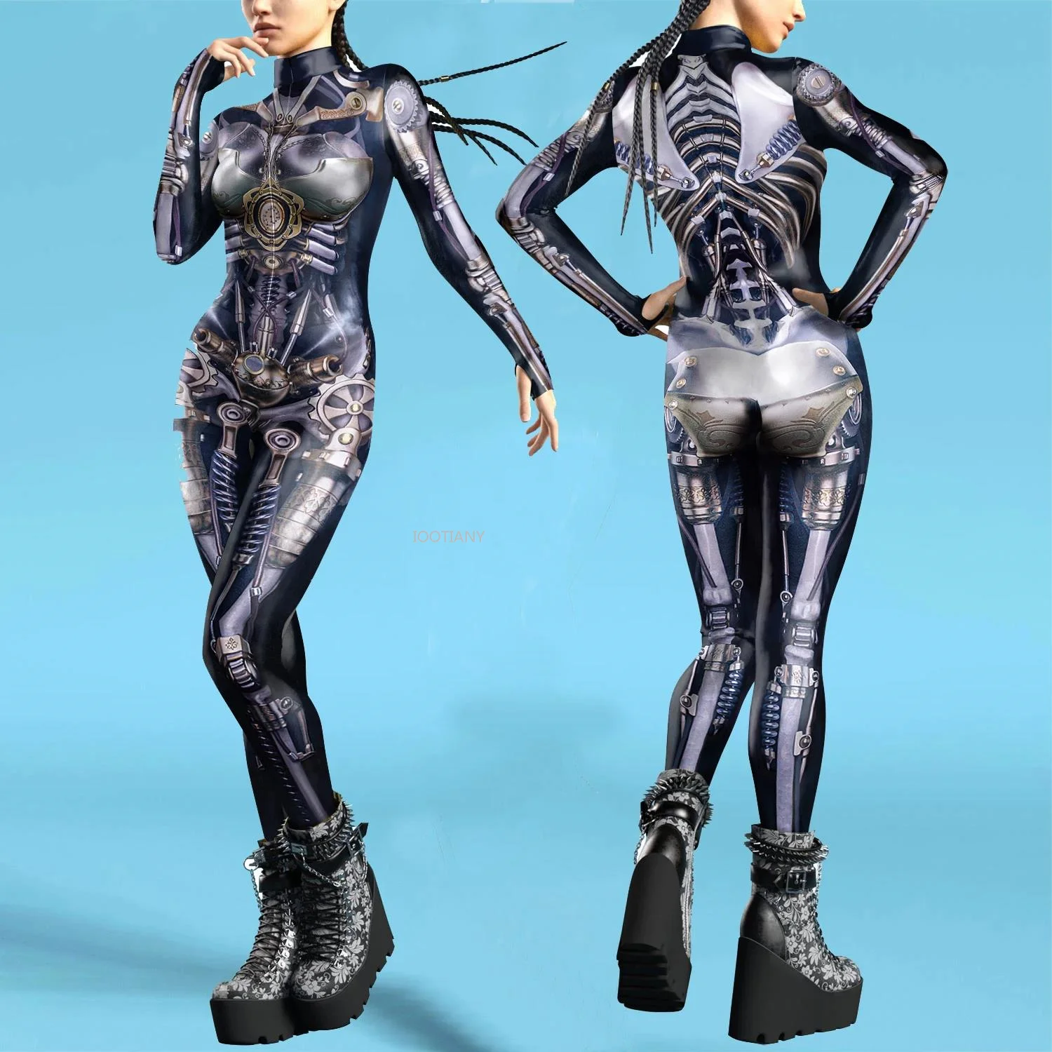 

2024 Women Mechanical Gear Punk Woman Zentai Bodysuit Front Zipper Jumpsuit Halloween Festival Catsuit Outfit With Thomb Sleeves