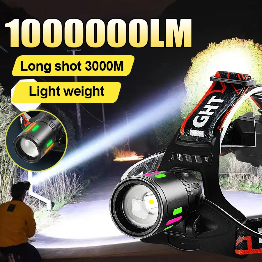 Lampe frontale ultra lumineuse 1000000LM laser longue portée pêche nocturne randonnée
