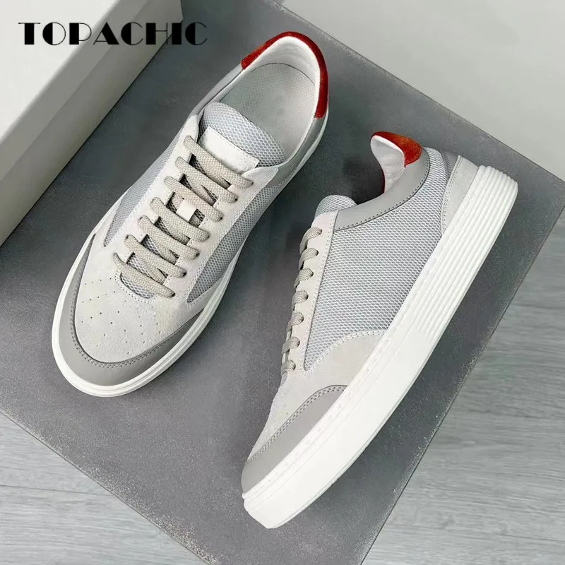 

9.12 TOPACHIC Casual Comfortable Flat Skateboard Shoes Cowhide Spliced Mesh Breathable Genuine Leather Men Sneakers