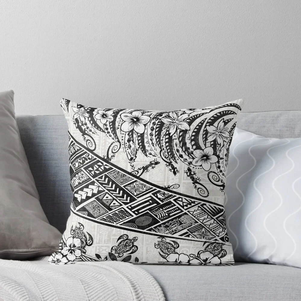 

Black And White Polynesian Tribal Distressed Throw Pillow