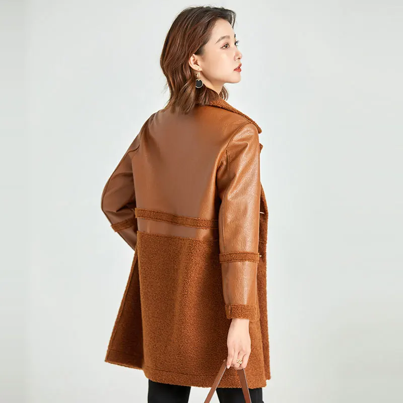Lambskin Leather Jacket Women Autumn Winter Overcoat Plus Size Windbreaker Outerwear Plus Velvet Thickened Wool Fur Coat Female