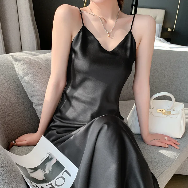 2023 New V-neck Female Summer Suspender Satin Ice Silk A-line Slimming Sexy  Party Long Dress for Women