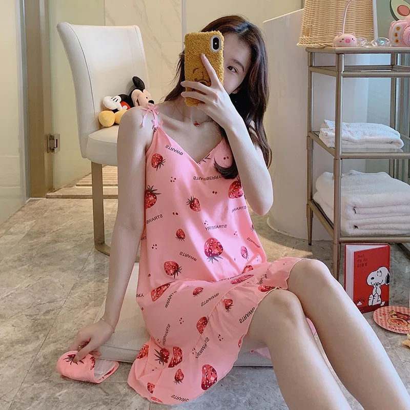 Sexy Women Nightgowns Milky Silk Nightdress Female SleepDress Cartoon Sleepwear Sleeveless Nightwear Homewear Housewear Pajama