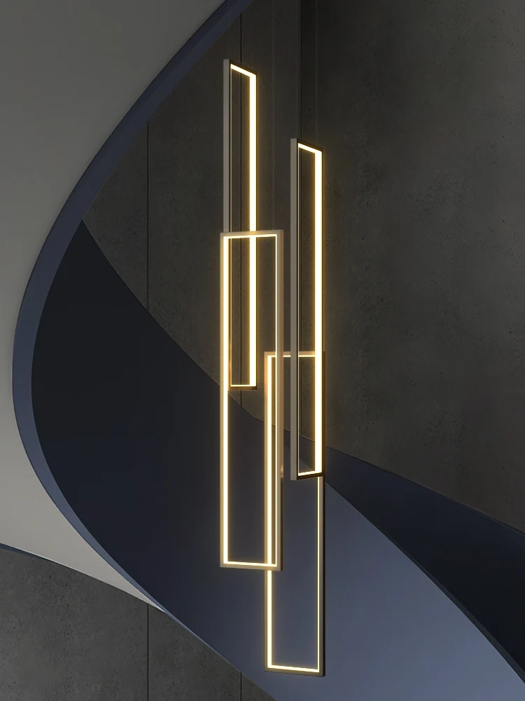 Modern LED Stair long chandelier minimalist creative rectangular villa duplex chandelier Nordic luxury loft living room Lamps led chandelier ceiling chandelier