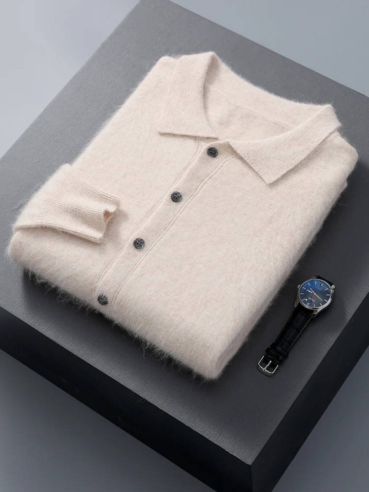 

Men's 100% Mink Cashmere Cardigan 2024 Spring Autumn Winter New Fashion Loose Knit Jacket POLO Collar Solid Bottom Coat Tops