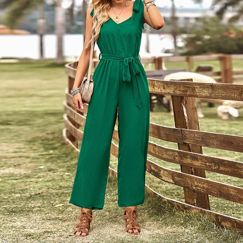 

Women's Green Elegant Sleeveless Jumpsuits New 2024 Summer Casual Loose Wide Leg Pants Commuter Waist Slimming Lace-up Jumpsuit