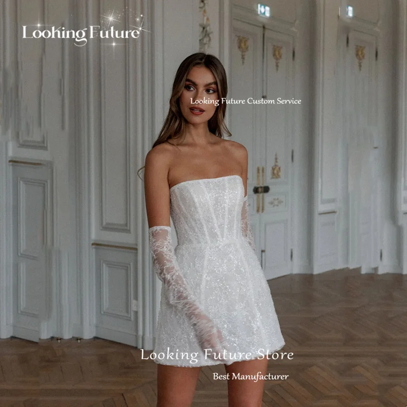 Simple A-Line Mini White Wedding Dress Sexy Strapless Formal Pleat Shiny Sequined Sleeveless Vintage Backless Short Customized 12 S9483a541358d4f99a820b78c5657fa47C