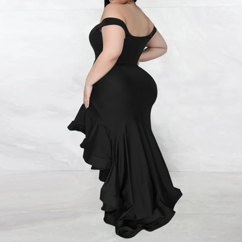 Plus Size Women Clothing Off Shoulder Solid Ruffles Patchwork Evening Party Sexy Tube Top Zipper Sleeveless Irregular Dress