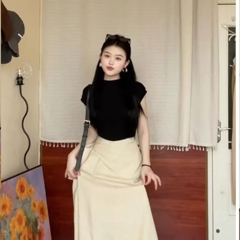 우아한 패션 하라주쿠 슬림핏 여성 의류, 루즈 캐주얼, 올 매치 솔리드 반팔 상의, 하이 웨이스트 스커트, 투피스 세트