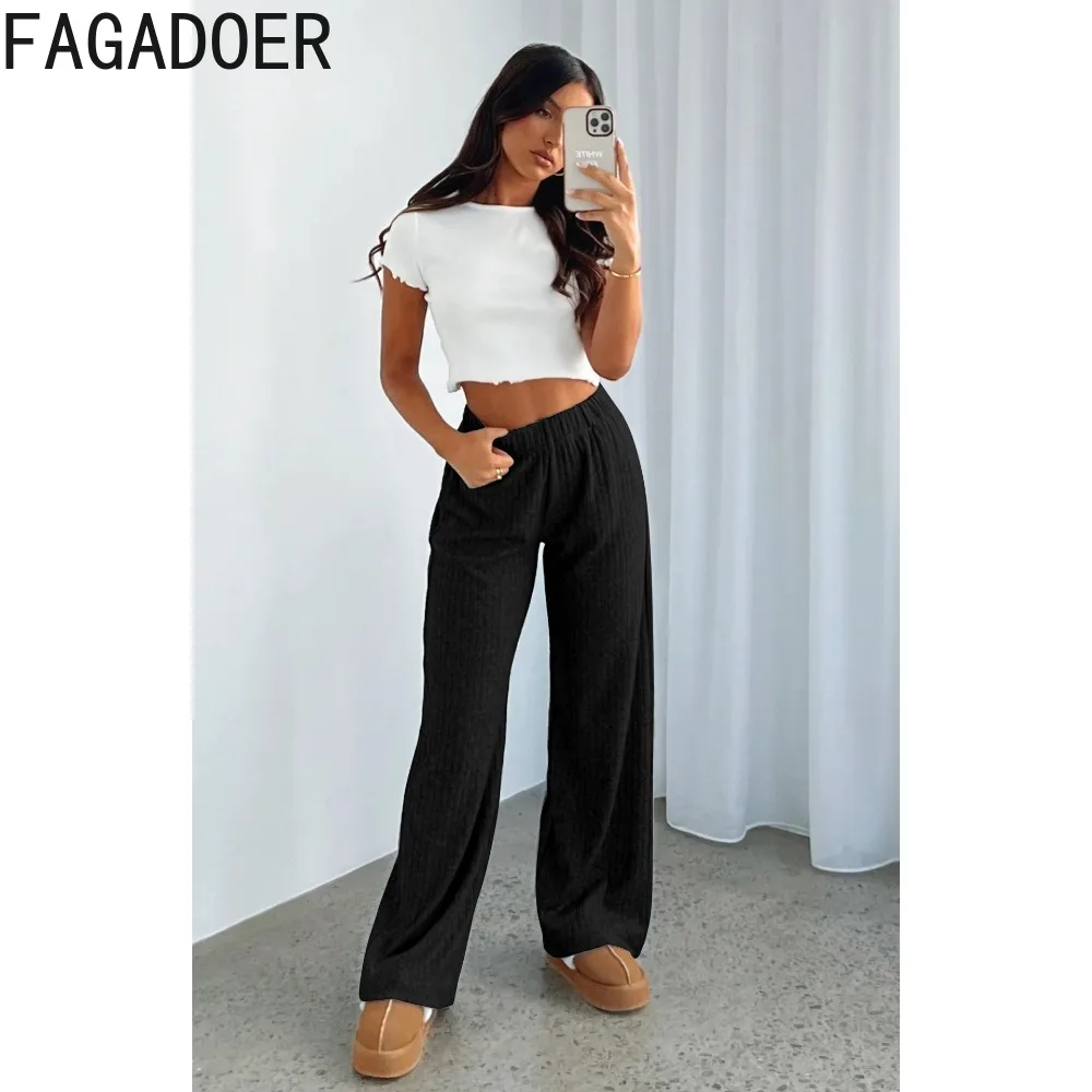 FAGADOER Autumn Winter Ribber Wide Leg Pants Women High Waisted Drawstring Trousers Casual Female Knitting Straight Bottoms 2023