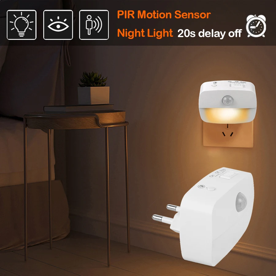 Sensor de movimiento inalámbrico, luz LED nocturna de 220V, enchufe  europeo, Detector de movimiento, dormitorio, escalera, armario, cabecera,  enchufe de pared, lámpara de noche - AliExpress