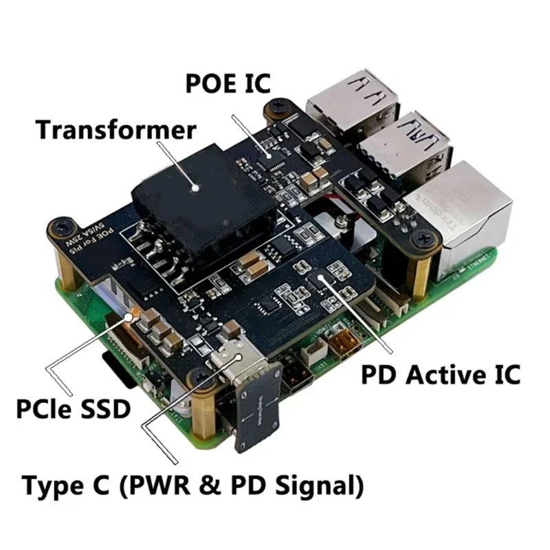 활성화된 802.3af PoE(Power Over Ethernet) 확장 보드가 있는 RPi 5 POE용