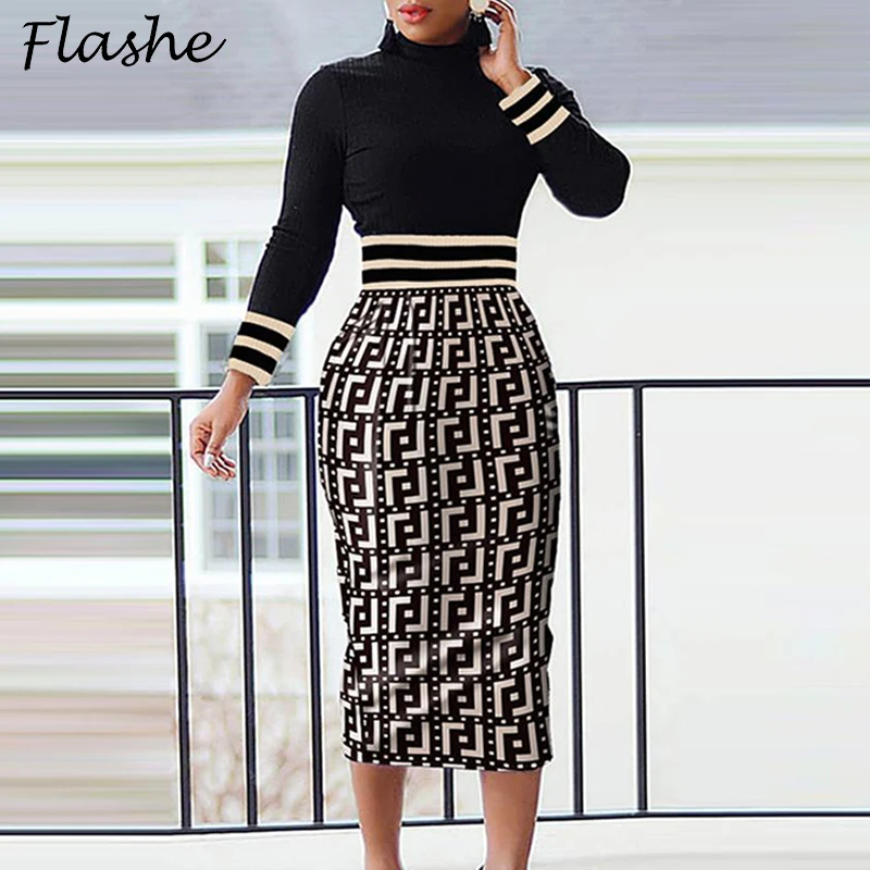 

Autumn Dress Women Elegant Long Sleeve Bodycon Dresses For Women Turtleneck Casual Vintage Print Office Midi Dress