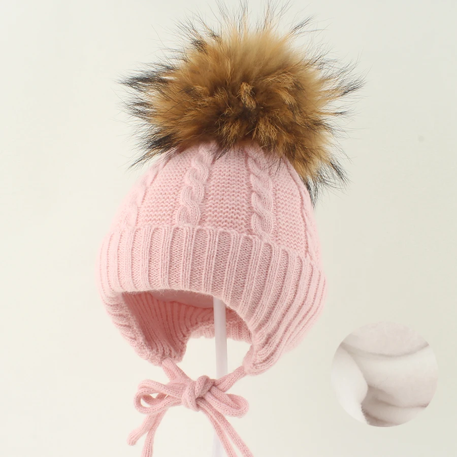 Winter Baby Hat Echte Fell Pompon Beanie Nette Motorhaube Fleece Futter Ohr Schutz Jungen Mädchen Kappe Warme Häkeln Hut Für kinder