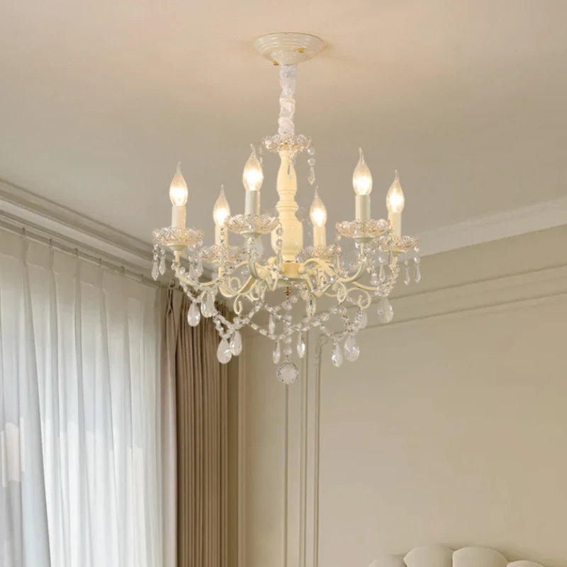 French Crystal Chandeliers Milky White Crystal Lamps Light Luxury Cream Style Dining Table Princess Room Girl Bedroom Chandelier