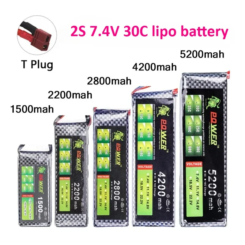 Batterie LiPo 7.4V 2800mAh avec connecteur T Plug pour hélicoptère RC, câbles visibles
