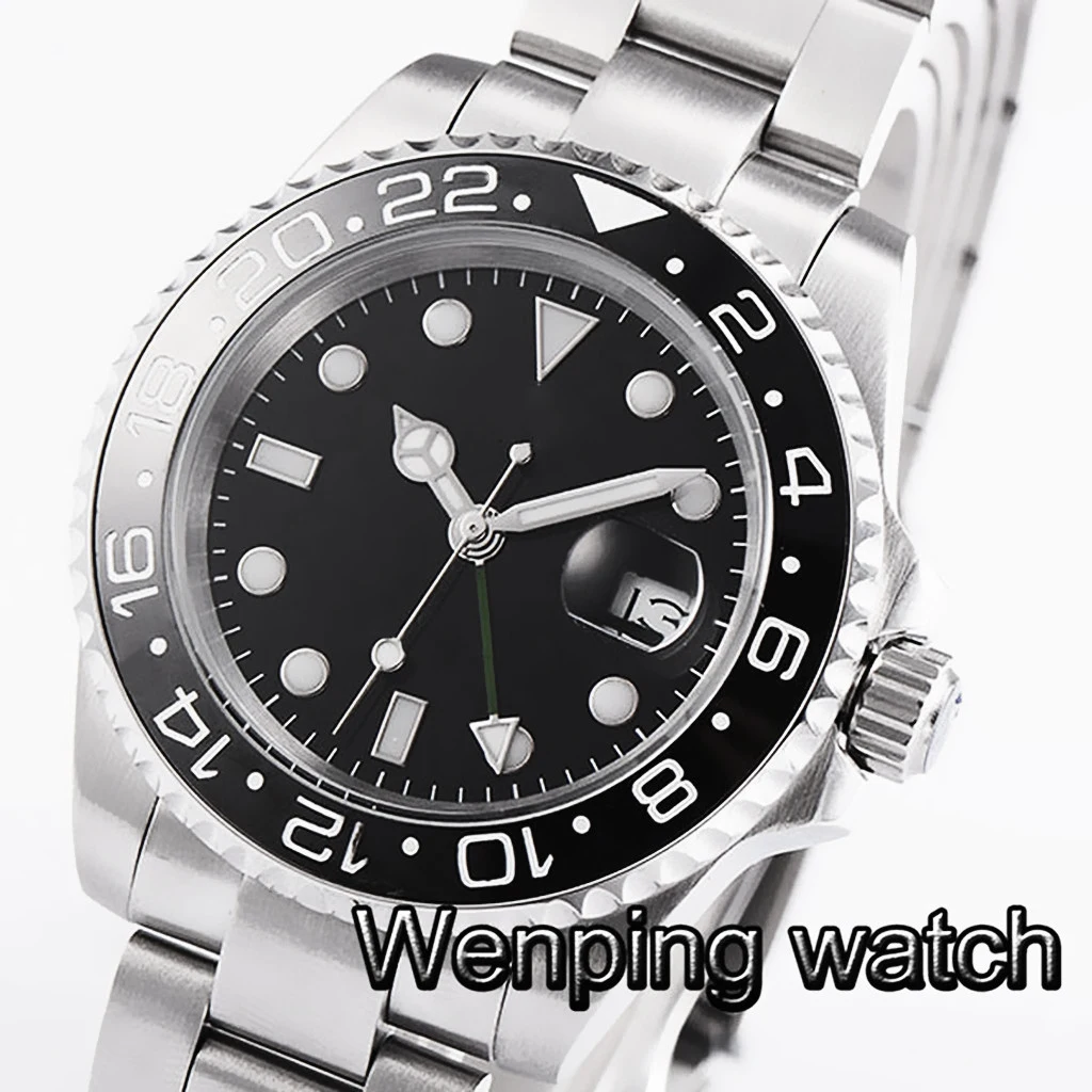 

BLIGER Men's luxury watch 40mm Sapphire Glass black Ceramics bezel Olive Green GMT hands date window Automatic Mechanical