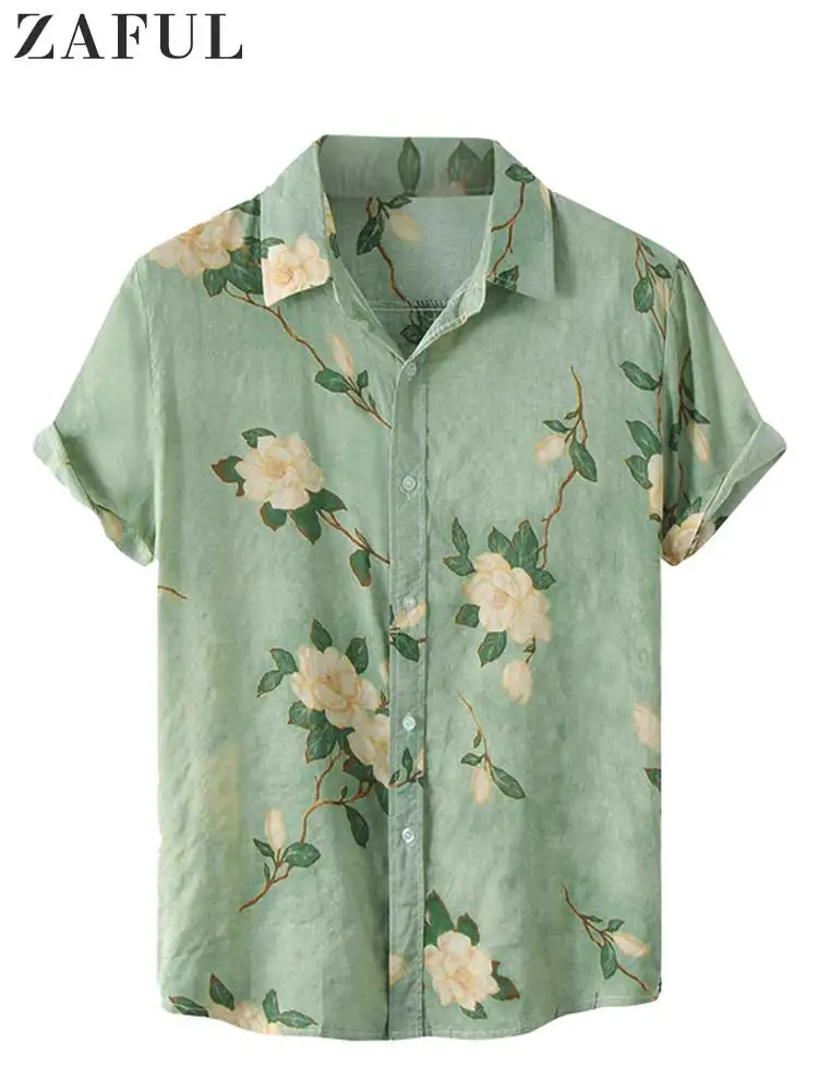 ZAFUL Shirts for Men Flowers Pattern Short Sleeves Blouses Summer Streetwear Shirt Casual Button Loose Tops Hawaiian Style zaful slogan rose pattern short sleeves shirt m white