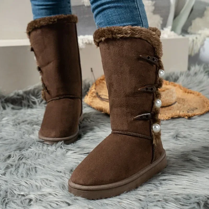 

Женские полусапожки без застежек, теплые зимние сапоги до середины икры с жемчужными пуговицами и круглым носком, женская обувь на плоской подошве, 2023