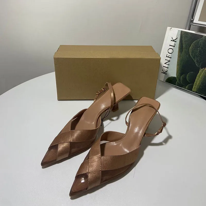 Sandalias de tacón puntiagudas fino para mujer, zapatos de tacón alto de estilo marrón, tendencia de verano, 2024