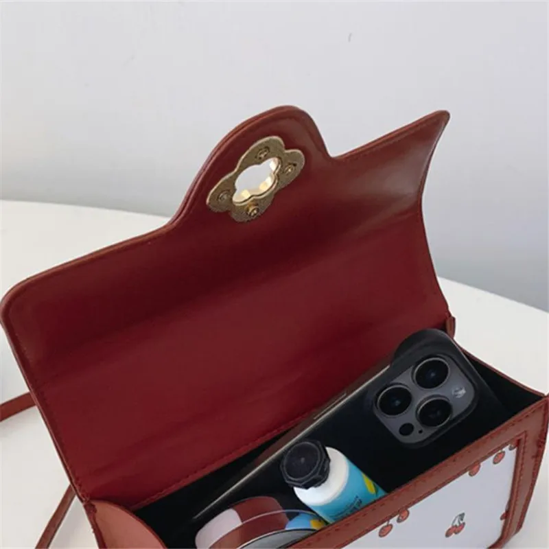 High End Pu Cherry Print Square Tote Bag, Versatile Stylish Shoulder Crossbody Bags for Women Teen Girls Shopping, Work, Dating